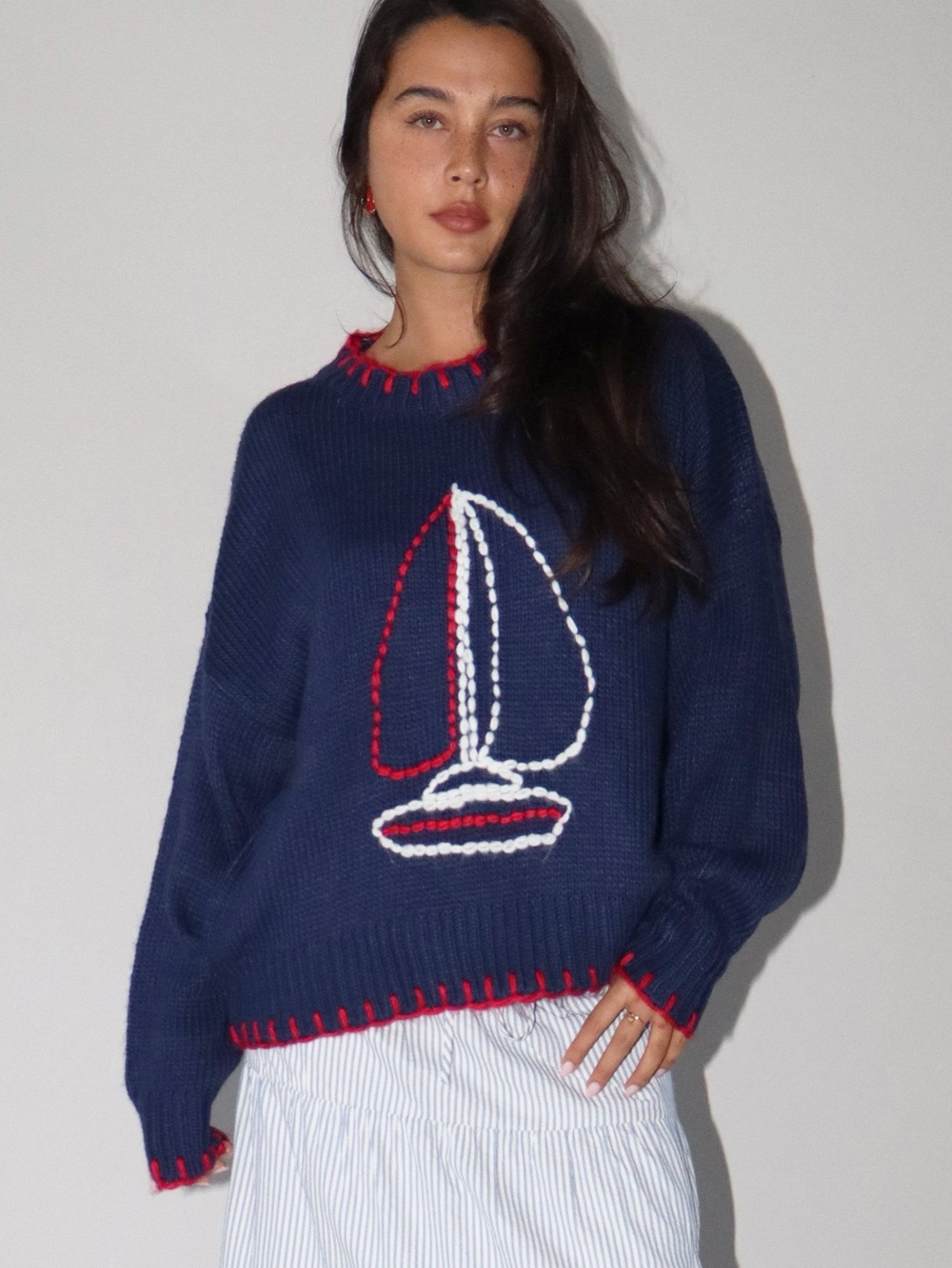 ⛵️Bailey Rose Navy Sailboat Stitching Sweater S
